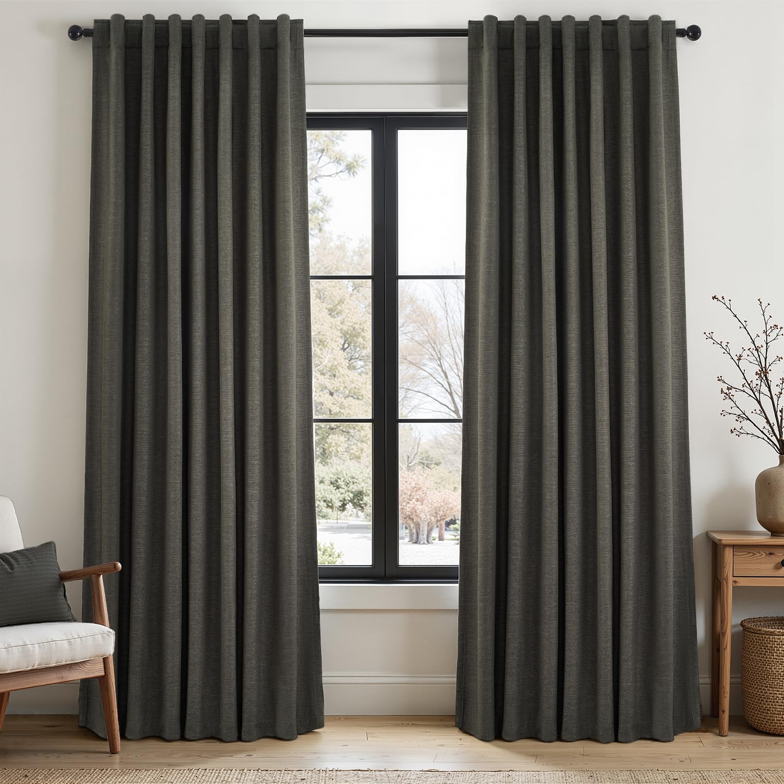 Topfinel 100% Blackout Linen Textured Curtains 84 inches Long Charcoal Gray Thermal Insulating Privacy Energy Saving for Bedroom Living Room Window Office Theater Baby Nursery Back Tab 2 Panels