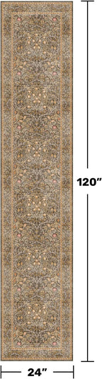 Hazo Haus Non Slip 2x10 Gold Brown Hallway Runner - 10ft Long Runner Rugs, Washable Kitchen Floor Mat - Vintage Floral Design Décor