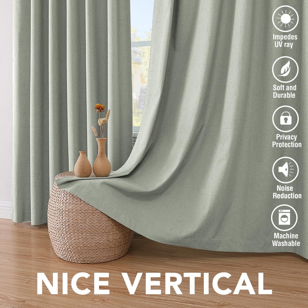 H.VERSAILTEX Linen Blackout Curtains 63 Inches Long 100% Absolutely Blackout Thermal Insulated Textured Linen Look Curtain Draperies Anti-Rust Grommet, Energy Saving with White Liner, 2 Panels, Sage