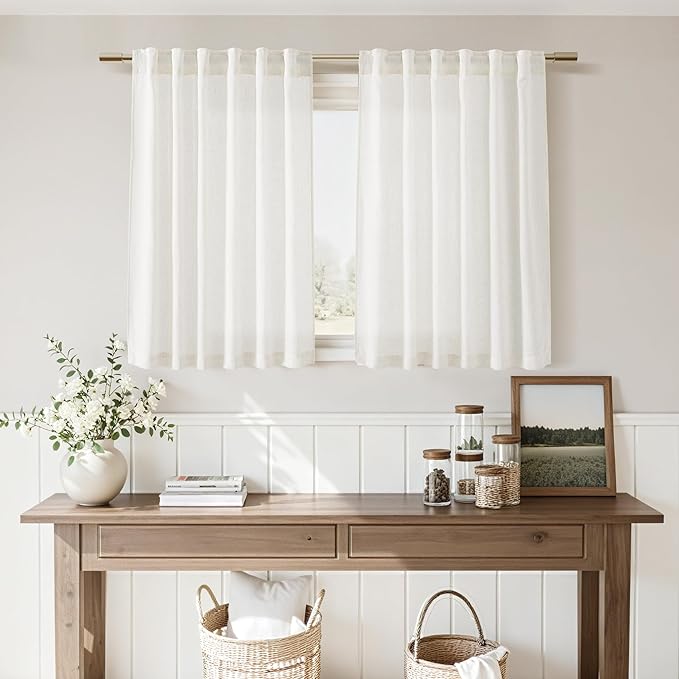 Beige White Linen Curtains for Kitchen Windows Over Sink Neutral 30 Inch Length Back Tab and Rod Pocket Light Filtering Semi Sheer Cafe Curtain for Bathroom RV Small Window 26 x 30 Inch,2 Panels