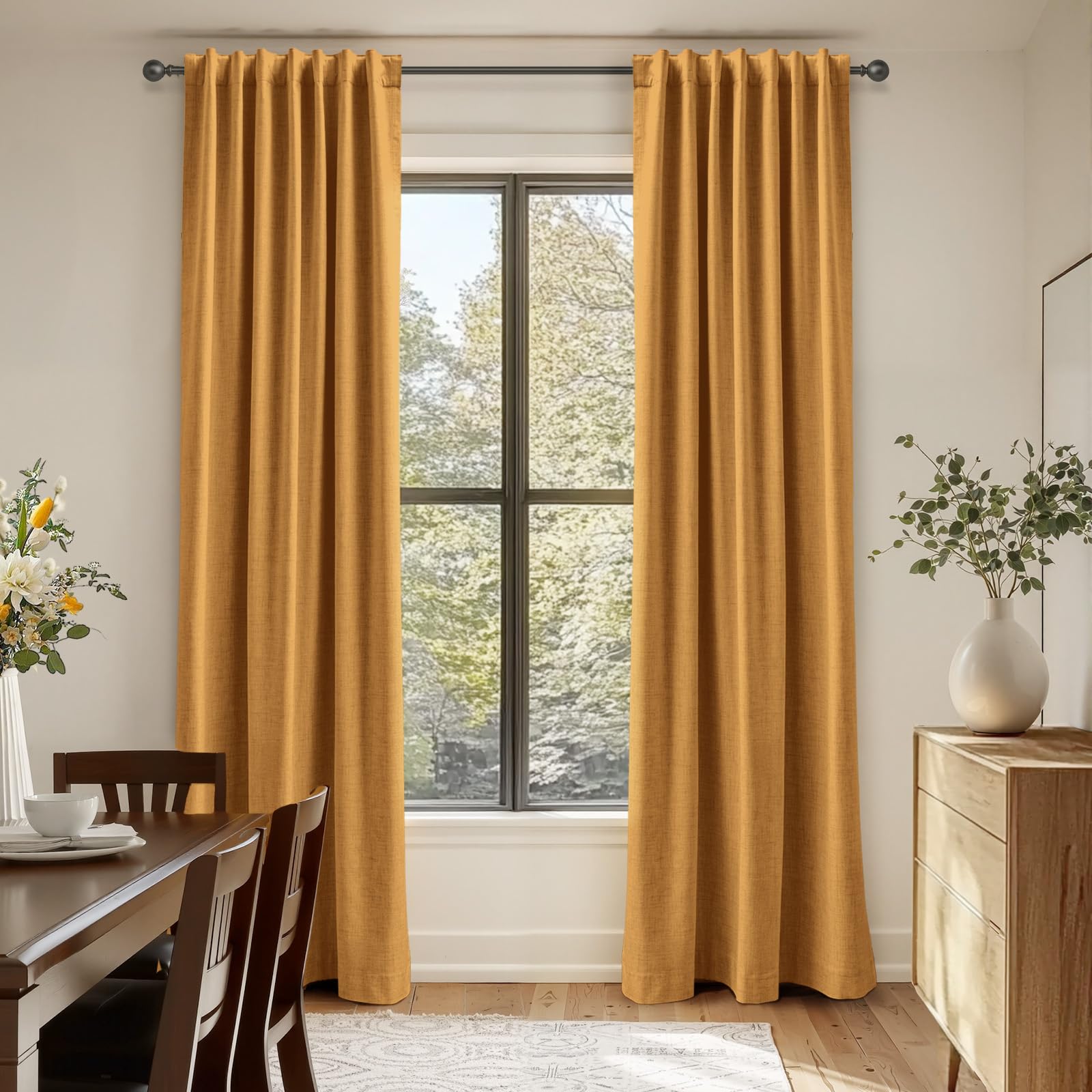 Faux Linen Total Blackout Curtains for Bedroom 84 Inch Long Mustard Yellow