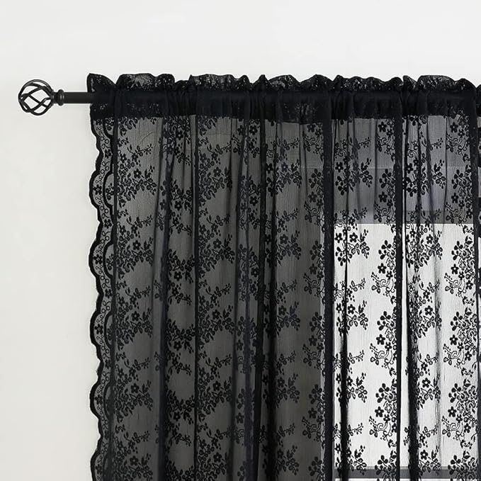 YJ YANJUN Vintage Lace Curtains 80 inch Length 2 Panles for Doorway Victorian Gothic Floral Dark Academia Black Sheer Curtain Panels for Living Room Bedroom Light Filtering 52 by 80 inch Length