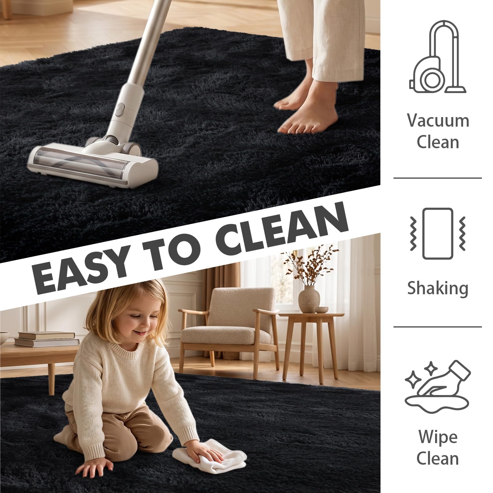 5x8 Ft Extra Large Shag Rugs for Living Room, Ultra Soft Fluffy Furry Area Rugs for Bedroom Indoor Floor, Aesthetic Carpet for Kids Home Decor (Black)