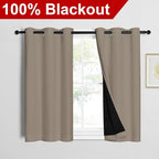 NICETOWN 100% Blackout Short Curtains with Black Liners, 2 Panels, 37" W by 40" L, Taupe, Solid Thermal Insulated Full Blackout 2-Layer Lined Drapes, Energy Efficiency Window Draperies for Bedroom
