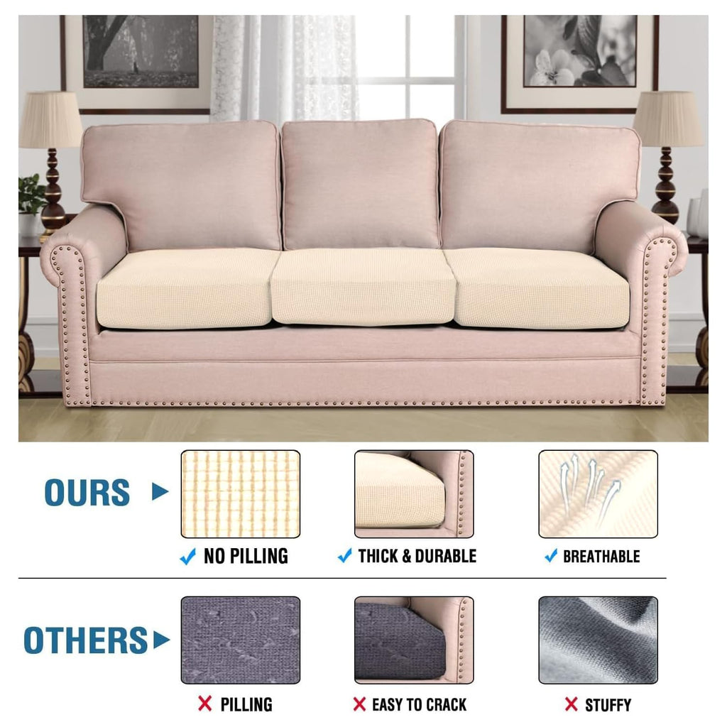 H.VERSAILTEX Super Stretch Individual Seat Cushion Covers Sofa Covers Couch Slipcover Sets Thick Jacquard Textured Twill Fabric (3 Piece Sofa Cushion Covers, Cream)