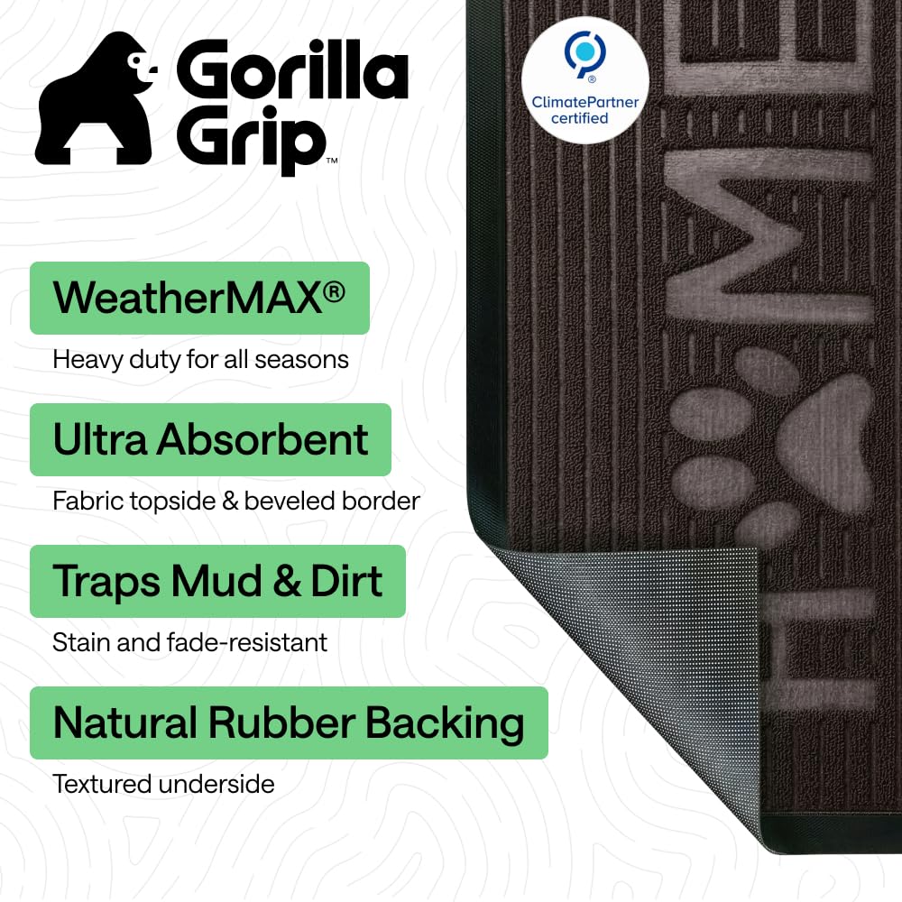 GORILLA GRIP 100% Waterproof All-Season WeatherMAX Doormat US Designed Natural Rubber, Stain and Fade Resistant, Low Profile Indoor Outdoor Door Mats, Easy Clean Patio Mat, Espresso Home Paw