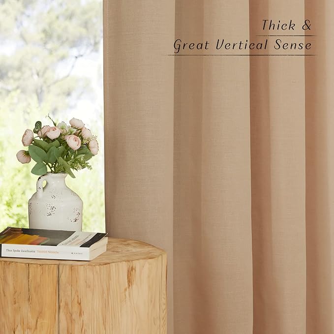 NICETOWN Rustic Linen 102 inch Long Curtains for Living Room, Grommet Privacy Added Thick Linen Weave with Light Filter Window Curtains & Drapes for Bedroom, Camel, W55 x L102, 2 Panels