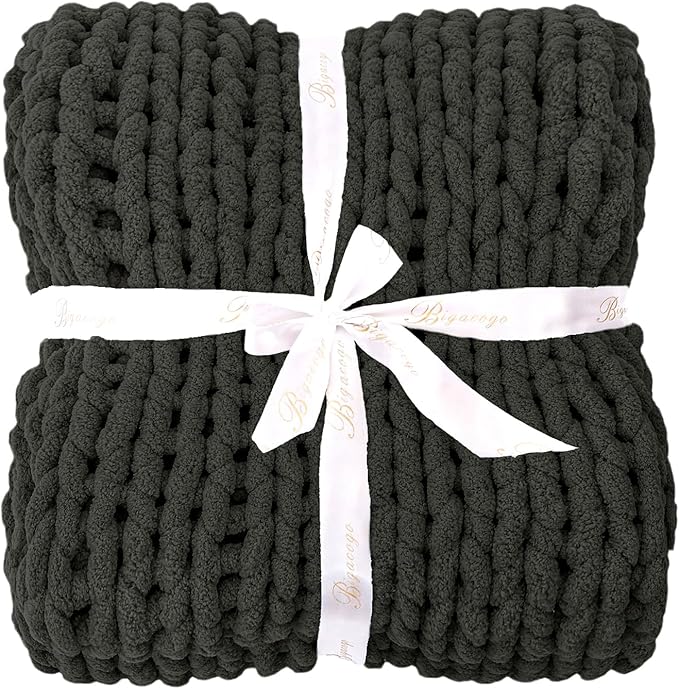 Bigacogo Chunky Knit Throw Blanket for Couch, 80x90 inches, Dark Grey