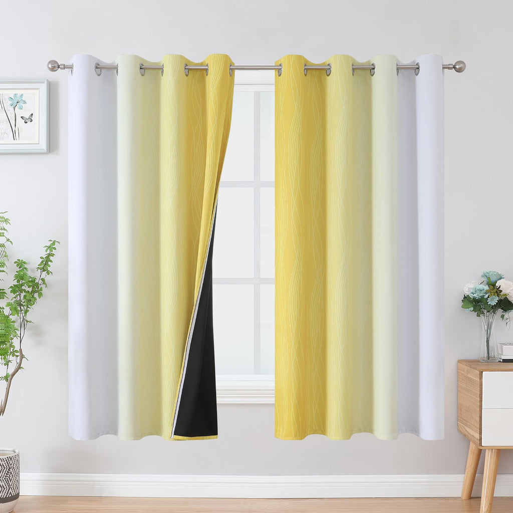 Yellow and Greyish White Ombre Blackout Curtains for Living Room 63 Inch