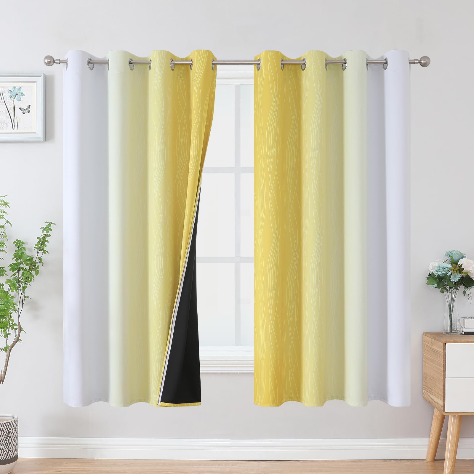 Yellow and Greyish White Ombre Blackout Curtains for Living Room 63 Inch