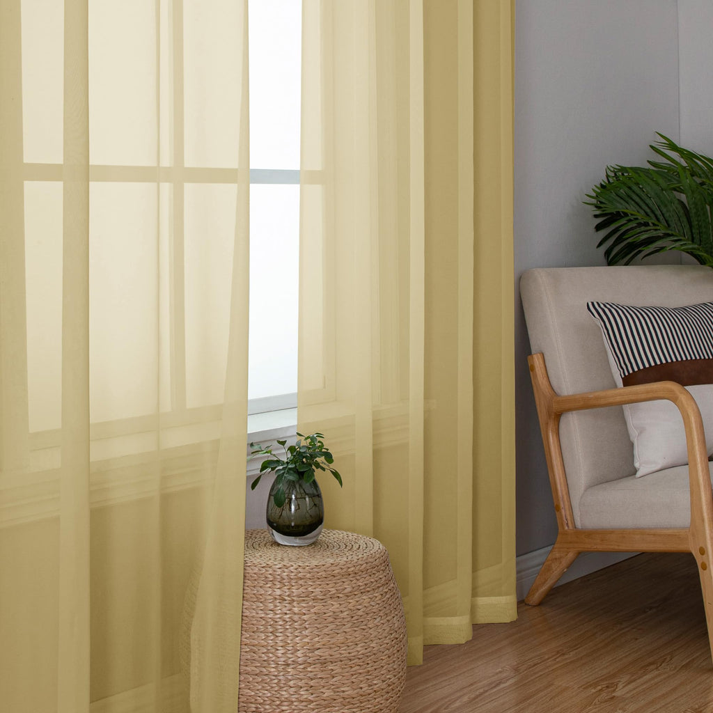 Simplebrand Gold Sheer Curtains 96 Inches Long, Light Filtering Rod Pocket Solid Color Window Sheer Curtain Panels, Elegant Curtains & Drapes for Living Room, Bedroom 2 Panels, 59" W x 96" L