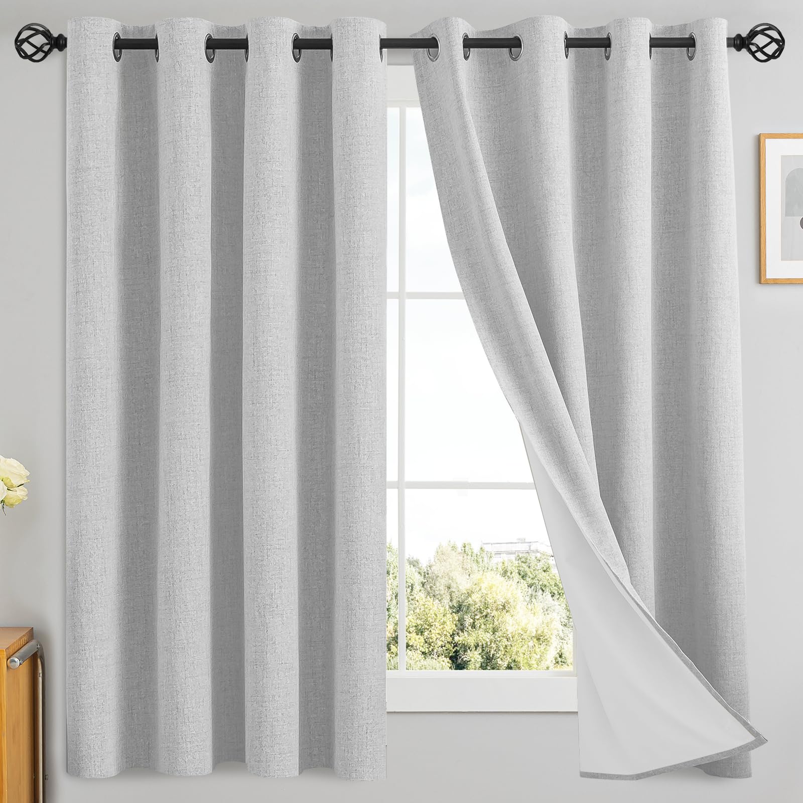 Yakamok White Linen Textured Curtains 63 Inches Long for Living Room