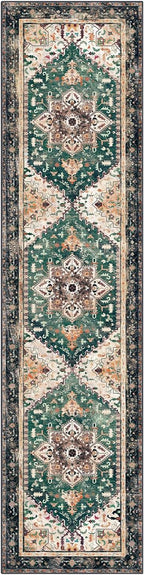 Yamaziot Washable Runner Rug, 2x8 Non-Slip Boho Vintage Hallway Rug Runner with Rubber Backing, Stain Resistant & Low Pile Faux Wool Distressed Carpet Runner for Kitchen, Laundry, Entrance, Turquoise