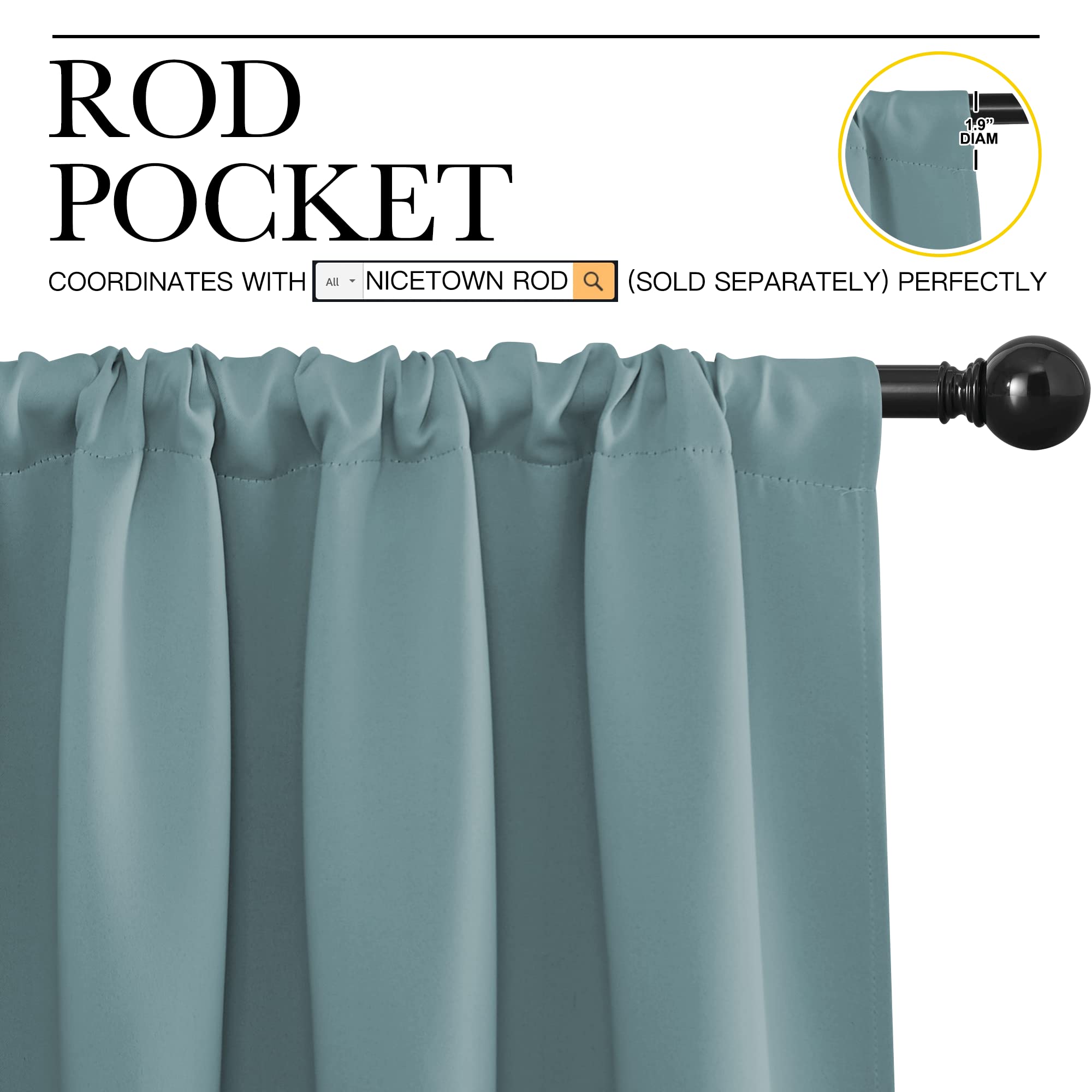 NICETOWN Greyish Blue Blackout Curtains Panels for Window, Thermal Insulated Rod Pocket Blackout Drapes/Draperies for Living Room (2 Panels, W52 x L63 inches)
