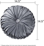 HIG Set of 2 Decorative Round Pleated Throw Pillows, Classy Accent Pumpkin Throw Pillows with Center Button, Vintage Velvet Floor Pillows for Sofa Vanity Chair Bed, Dark Gray, 14.5" Diameter(Ripple)