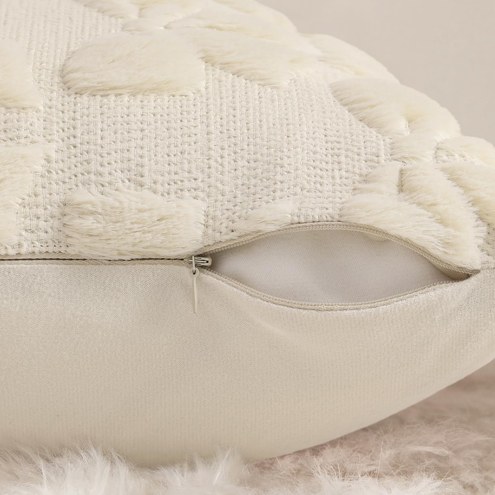 decorUhome Beige Bow Cute Girl Faux Fur Throw Pillow Covers 18x18 Set of 2