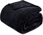 Exclusivo Mezcla Fleece Queen Size Blanket for Bed, 90x90 Inches Soft Cozy Jacquard Flannel Blankets, Lightweight Fuzzy Plush Warm for Women, Black