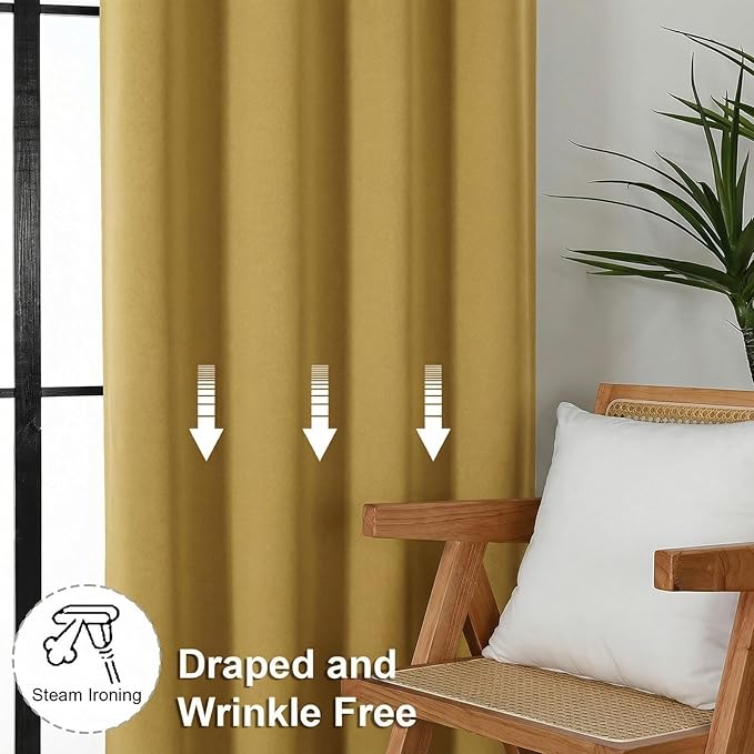 Simplebrand Ava Bright Gold Blackout Curtains for Bedroom 96 Inches Long 2 Panels, Solid Thermal Insulated, Energy Saving Nursery Window Treatment Curtains Blackout Drapes, W40 x L96 Inch, Bright Gold