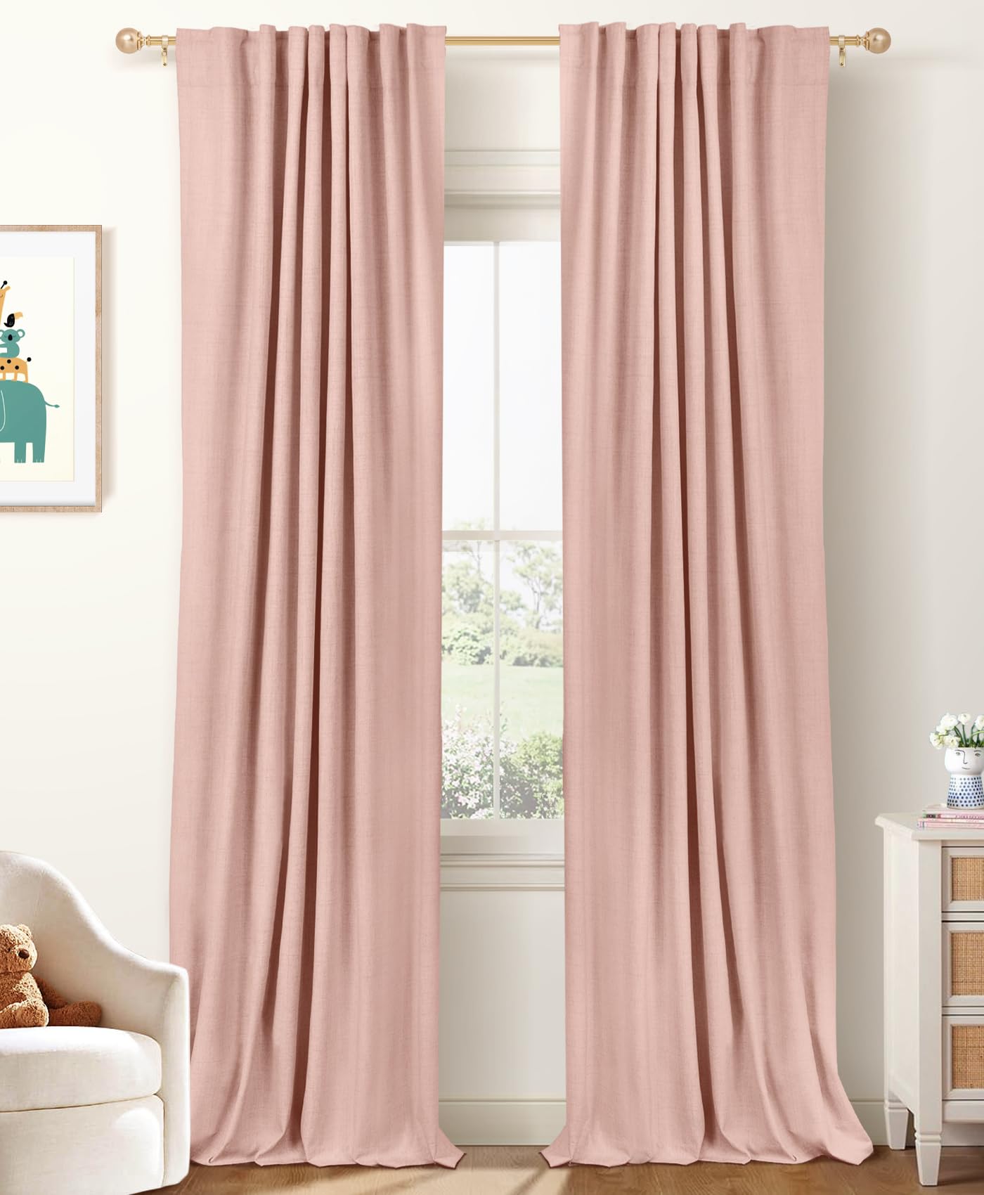 Faux Linen Total Blackout Curtains for Bedroom 102 Inch Long Blush Pink