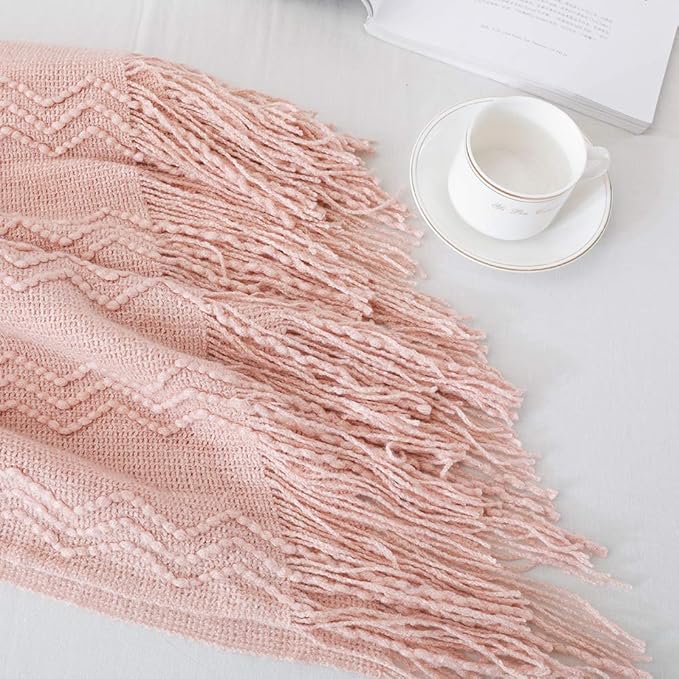 BOURINA Pink Throw Blanket 60x80 Inch Boho Knitted Soft Throw Sofa Blanket