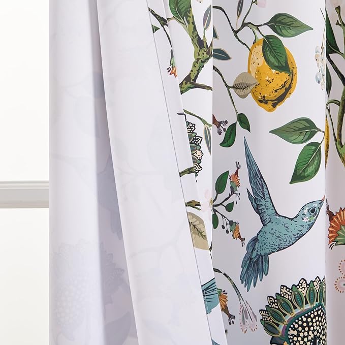 Topfinel White Pretty Pioneer Woman Blackout Curtains 63 Inches Length 2 Panels, Aesthetic Retro Botanical Floral Hummingbird Printed Soundproof Grommet Drapery Treatment for Nursery Kid Classroom