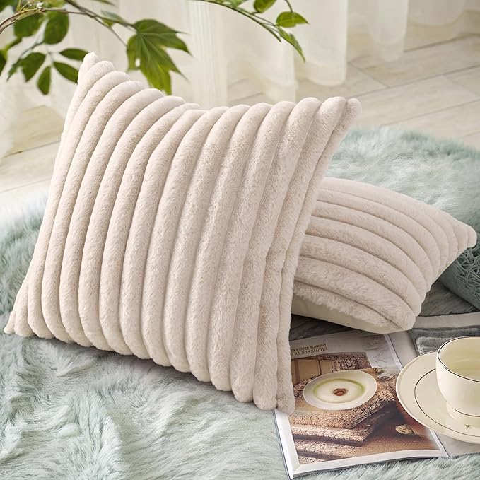 decorUhome Fall Faux Fur Throw Pillow Covers 18x18 Set of 2 Beige