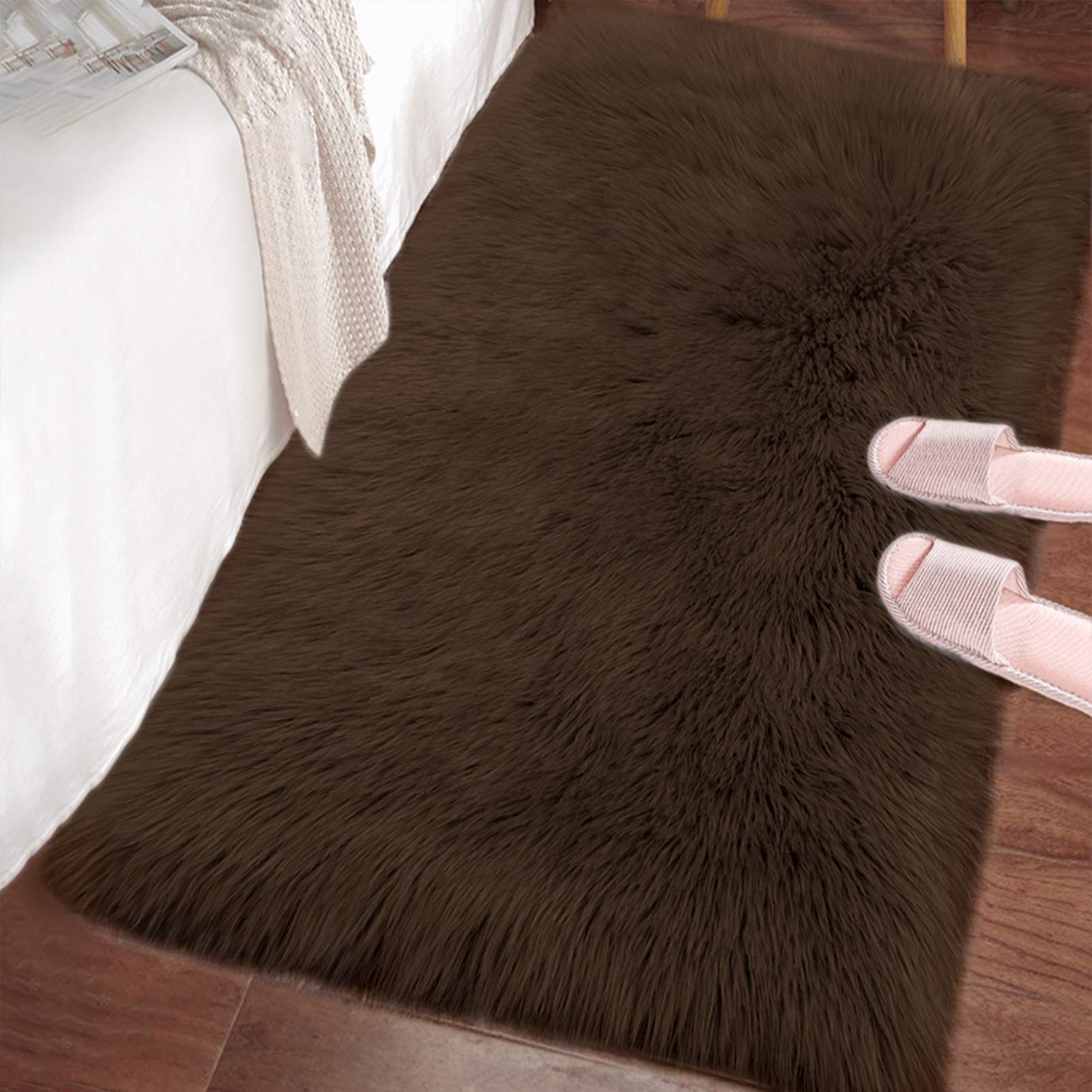 LOCHAS Soft Fluffy Faux Fur Rugs for Bedroom Bedside Rug 2x3 Feet, Brown