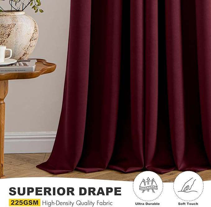 MIULEE Burgundy Red Blackout Curtains for Bedroom Living Room 63 Inches Long 2 Panels, Thermal Insulated Room Darkening Drapes Solid Grommet Top Noise Reduction Christmas Window Treatments 40x63 Inch