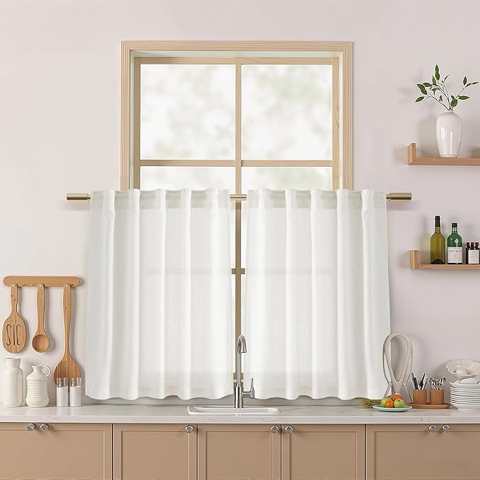 Beige White Linen Curtains for Kitchen Windows Over Sink Neutral 30 Inch Length Back Tab and Rod Pocket Light Filtering Semi Sheer Cafe Curtain for Bathroom RV Small Window 36 x 30 Inch,2 Panels