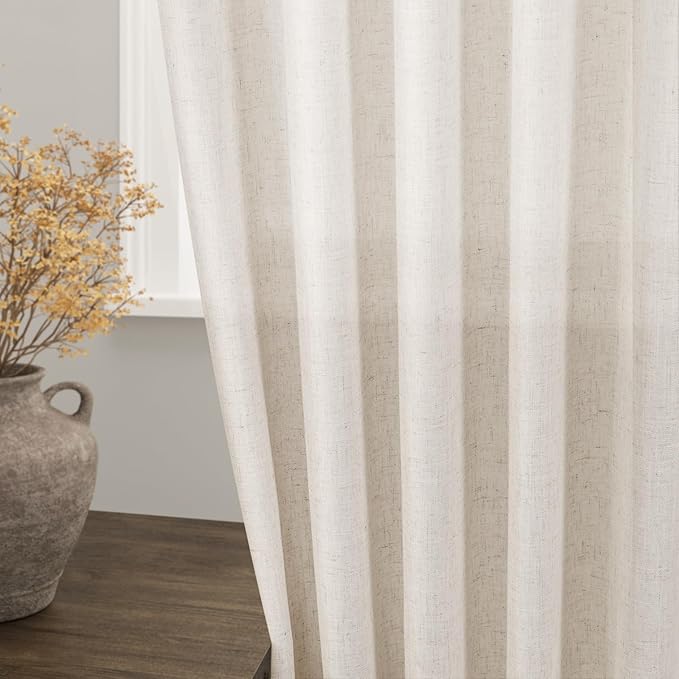 Tan Beige Linen Curtains 90 inch Length for Living Room 2 Panels Burlap Textured Semi Sheer Linen Drapes Rustic Country Window Treatment Farmhouse Drop Cloth Curtain 90 inches Long for Dinning Room