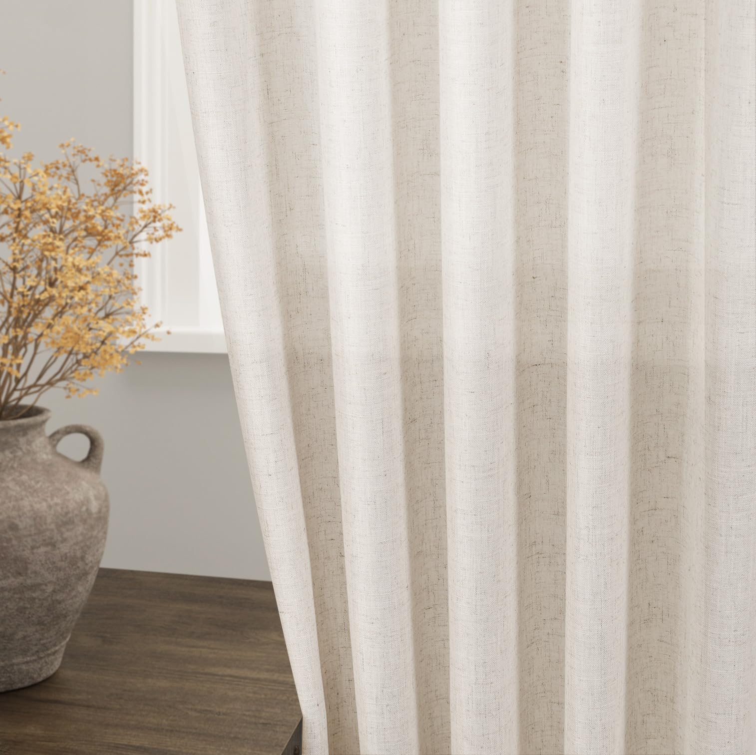 Extra Long Tan Beige Curtains 132 inch Length 2 Panels Set Back Tab Neutral Farmhouse Drapes Light Filtering Semi Sheer Linen Curtain 132 inches Long for Floor to Ceiling Window Patio Sliding Door