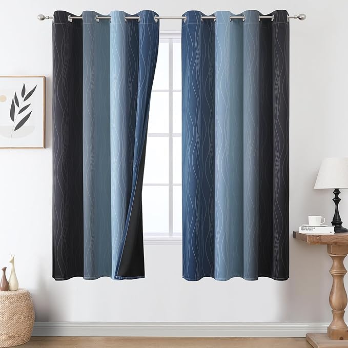 Navy Blue and Black Ombre Blackout Curtains for Bedroom 63 Inch Length