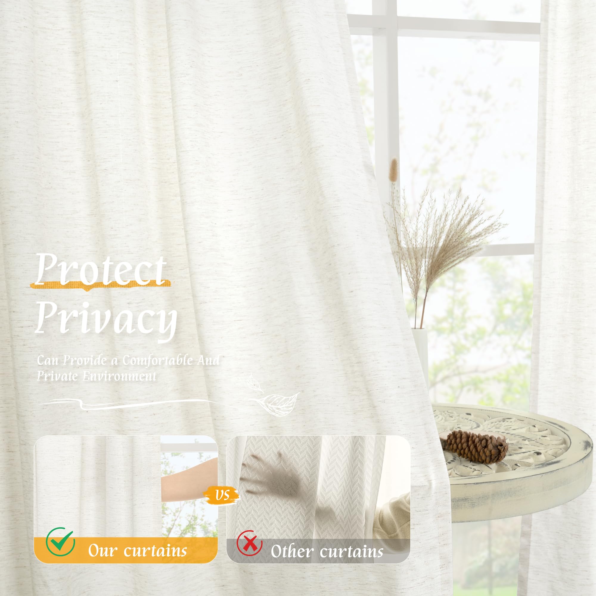 LAMIT Light Filtering Linen Curtains 54 Inches Long for Bedroom, Natural Ivory Soft Faux Linen Textured Panels Rod Pocket Neutral Drapes for Window/Loft Room, 42 x 54 Inch, 2 Panels