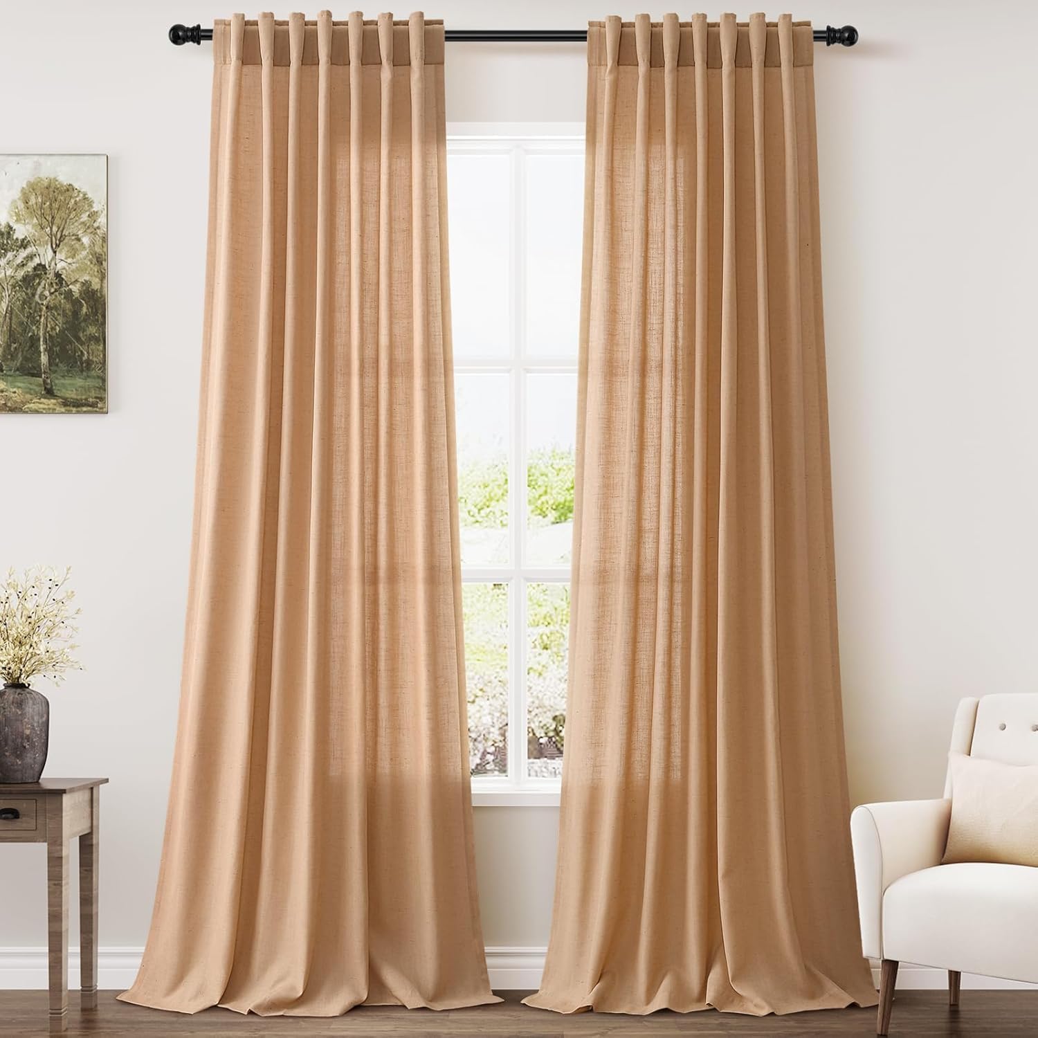 Nanspring Camel Linen Curtains for Living Room 92 Inches Long Back Tab and Rod Pocket Light Filtering Semi Sheer Vintage Rustic Curtain Luxury Boho Decor Drapes for Bedroom Office 52x92, 2 Panels