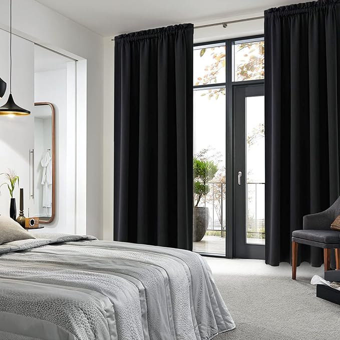 DWCN Blackout Curtains Room Darkening Thermal Insulated Bedroom Curtains Window Curtain Panels, 52 x 63 inches Long, Set of 2 Black Rod Pocket Drapes