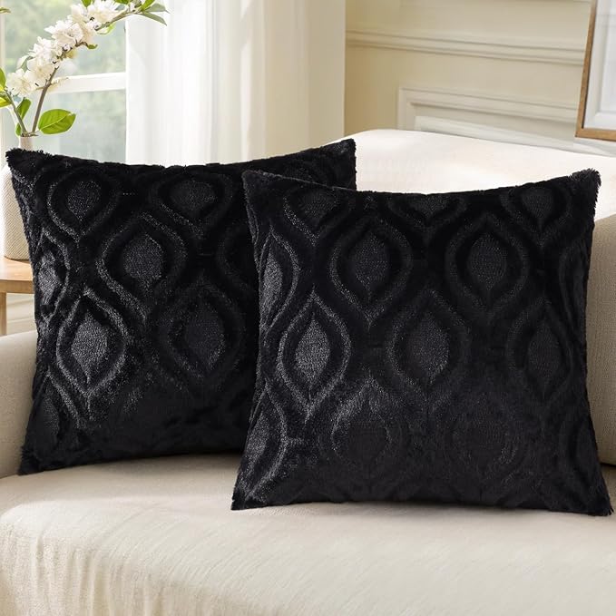 decorUhome Faux Fur Plush Soft Black Throw Pillow Covers 18x18 Set of 2