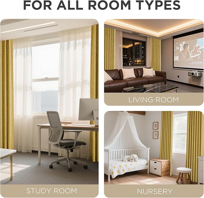 Joydeco Blackout Curtains for Bedroom - 100% Light Blocking 2 Panels Set Yellow Drapes 42"W x 108"L, Thermal Insulated Room Darkening Curtains, Linen Textured for Living Room, Rod Pocket & Back Tabs