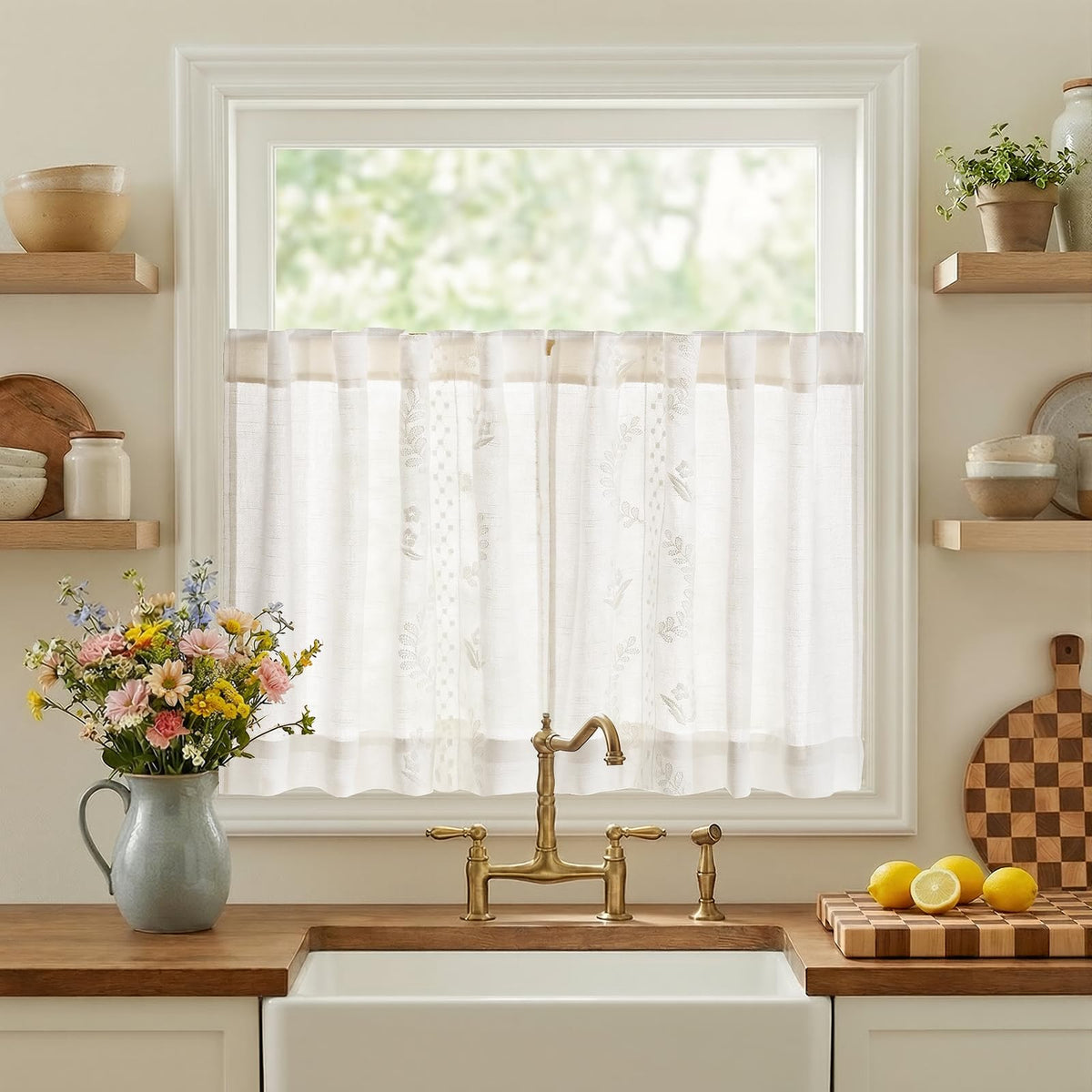 jinchan Floral Linen Curtains 84 Inch Farmhouse Back Tab 2 Panels