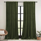 RYB HOME Green Velvet Curtains 96 inch, Solid Room Darkening Window Curtains for Living Room Light & Draft Block Privacy Backdrop with Pleat Tape Pocket& Tabs, Olive Green, W52 x L96 inch, 2 Panels