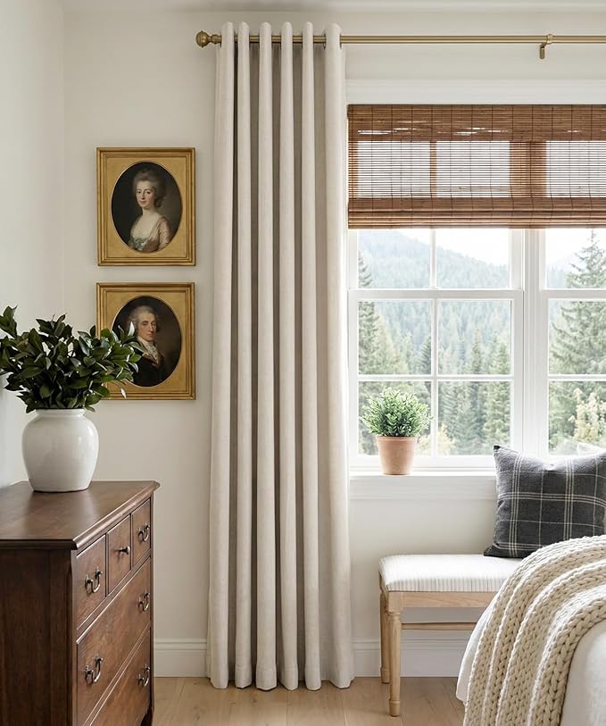 Linen Textured Total Blackout Curtains 96 Inches Long, Beige
