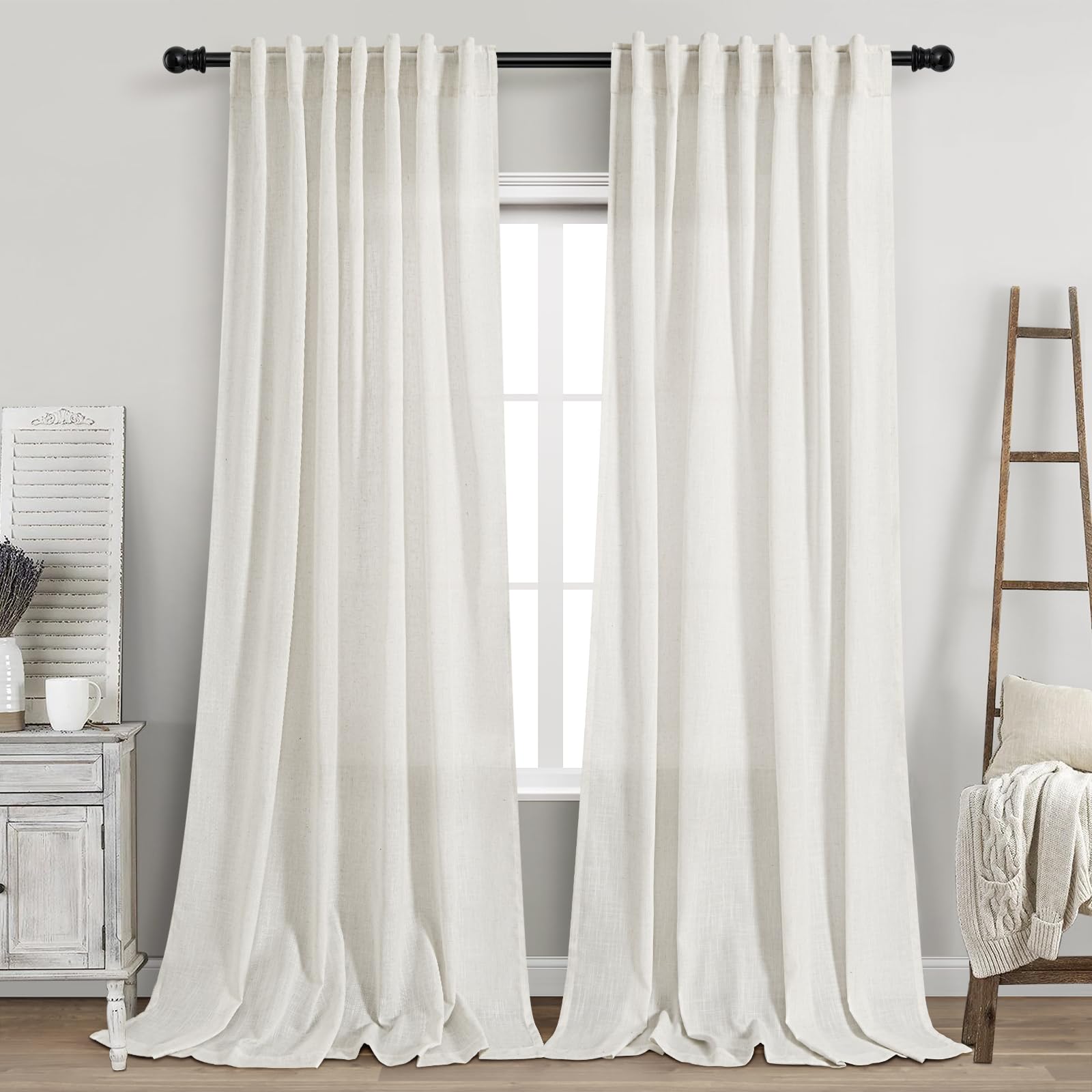 Beige White Linen Curtains 90 Inch Long 2 Panels Set for Bedroom Living Room Beige White Soft Linen Textured Window Drapes Semi Sheer Light Filtering Rod Pocket Back Tab Farmhouse Curtain 52x90