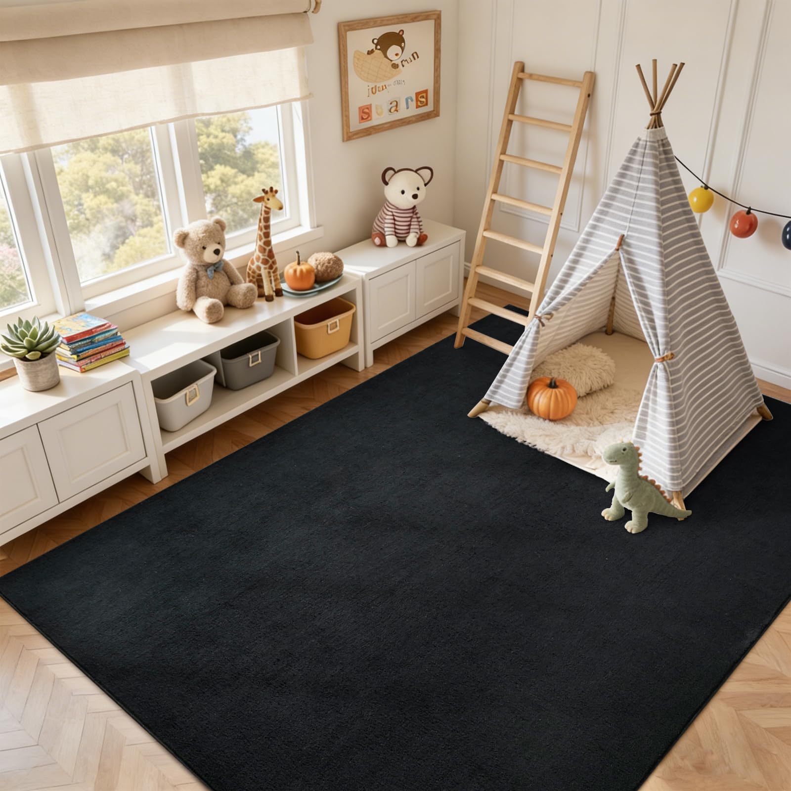 5x7 Pure Black Area Rug Non-Slip Washable Soft Thin for Living Room Bedroom