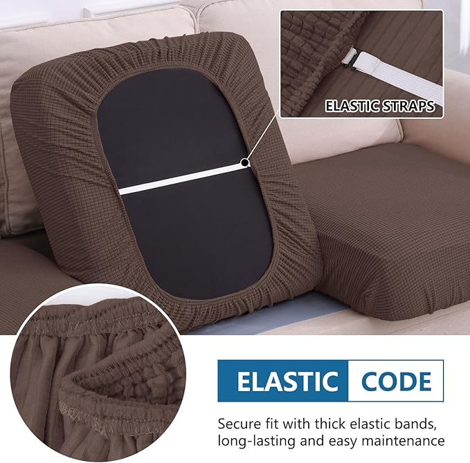 hyha Waterproof Couch Cushion Covers for Pets, Non Slip Sofa Seat Cover for Dogs Washable, Soft Thick Stretch Jacquard Fabric, Sofa Slipcovers with Elastic Bottom (1 Chaise+3 Seater, Brown)