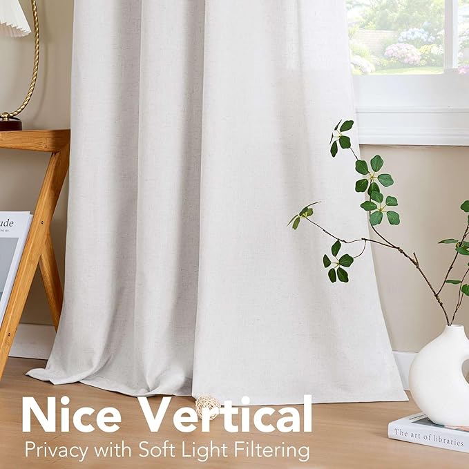 H.VERSAILTEX Pair Set Nickel Grommet Natural Linen Blended Window Treatment, Premium Soft Rich Light Filtering Semi Sheer Curtain Panels for Living Room - 52x84-Inch - Heathered White
