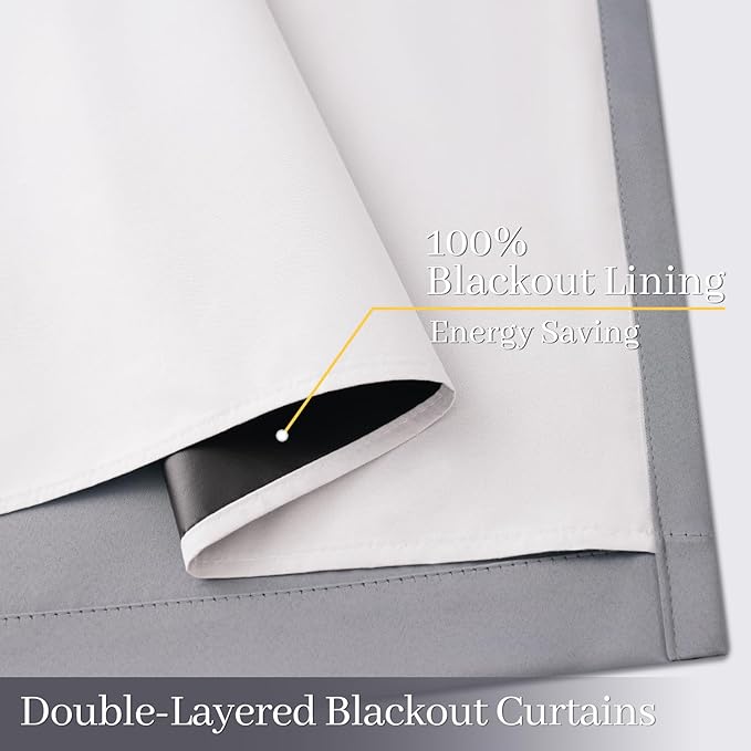 Yakamok 100% Blackout Curtain Panels 72 inches Cold and Light Blocking Drapes for Nursery, 2 Thick Layers Thermal Insulated Draperies (2 Pieces, 50 Wide Each Panel, Grey Front with White Backing)
