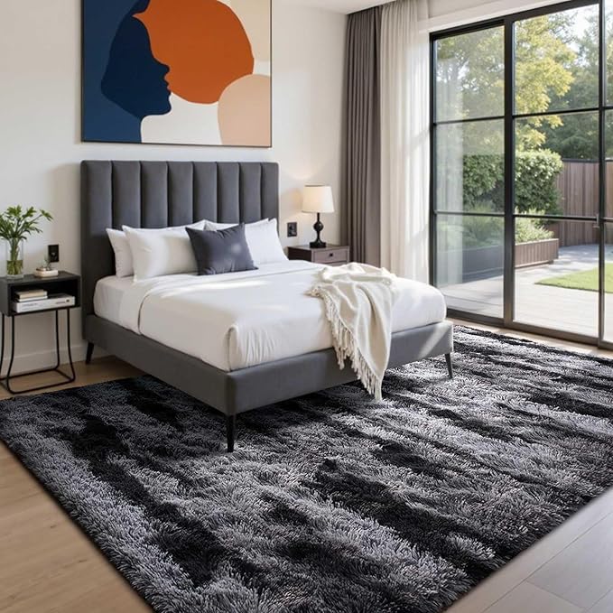 5x7 Ft Large Shag Rugs for Bedroom Living Room for Men Boys, Tie Dyed Ultra Soft Fluffy Furry Area Rug for Indoor Floor, Aesthetic Carpet for Home Decor (Black)