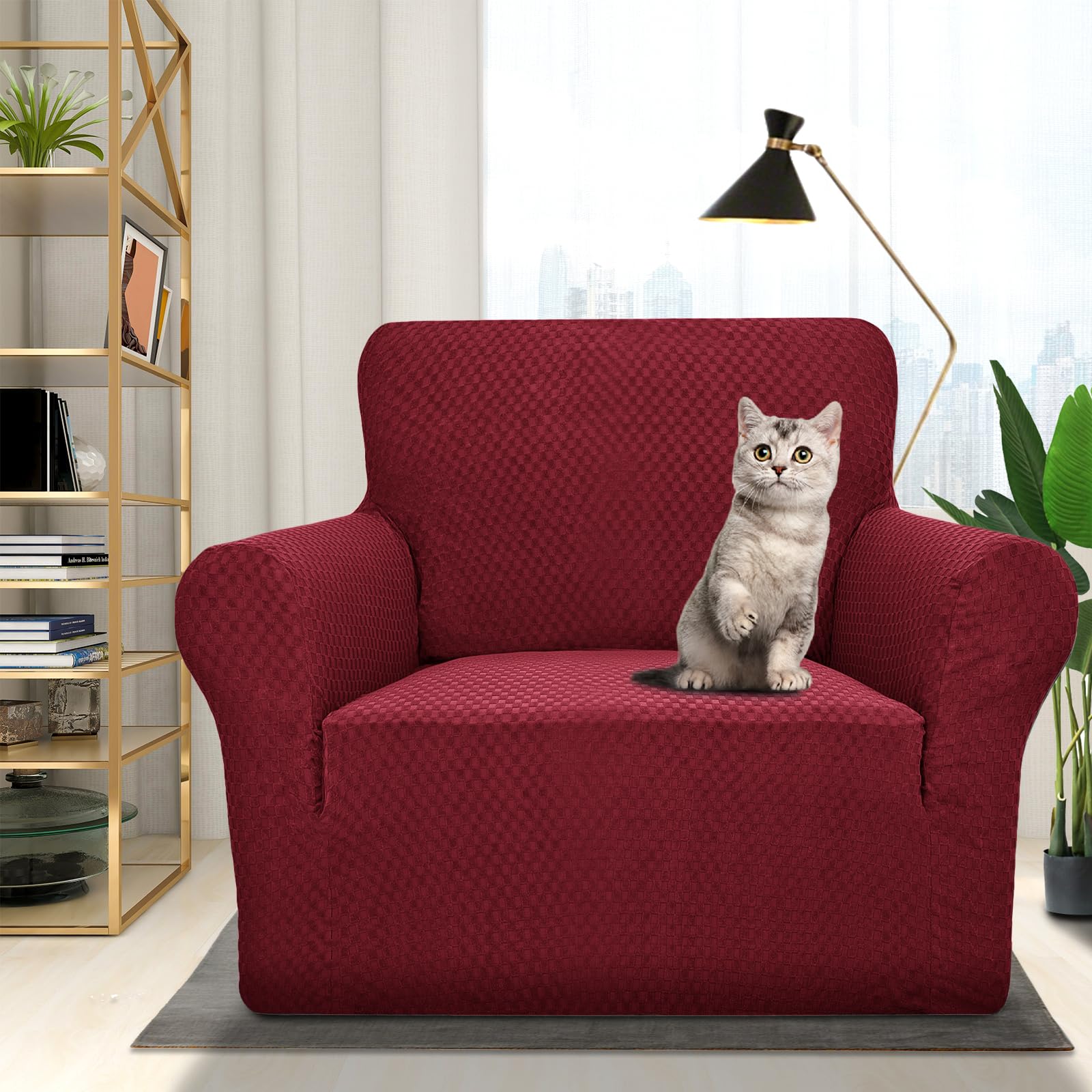 ZNSAYOTX 1 Piece Jacquard Chair Slipcovers for Living Room High Stretch Chair Covers with Arms Anti Slip Pets Friendly Couch Sofa Armchair Cover Furniture Protector (Chair, Wine Red)