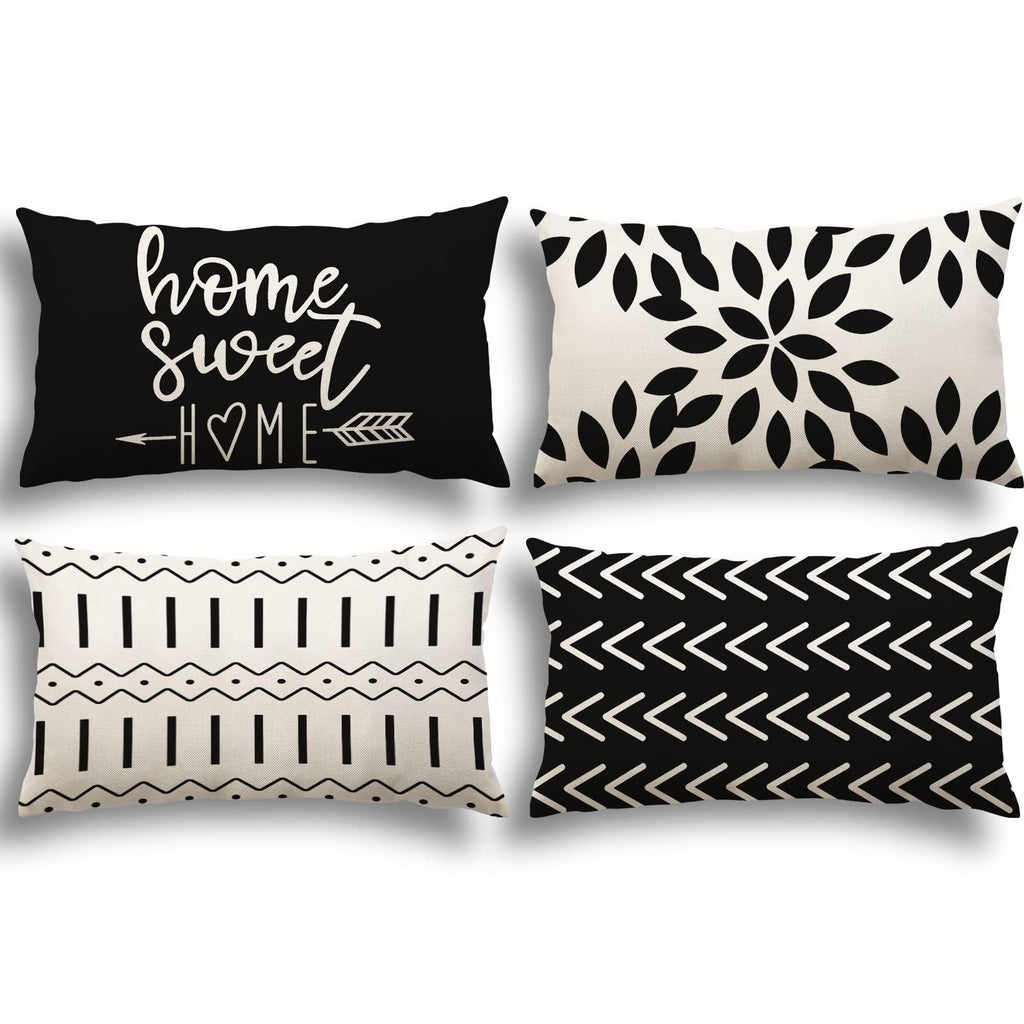 YCOLL Lumbar Pillow Covers 12x20 Set of 4, Modern Sofa Throw Pillow Cover, Decorative Outdoor Linen Fabric Pillow Case for Couch Bed Car, Black