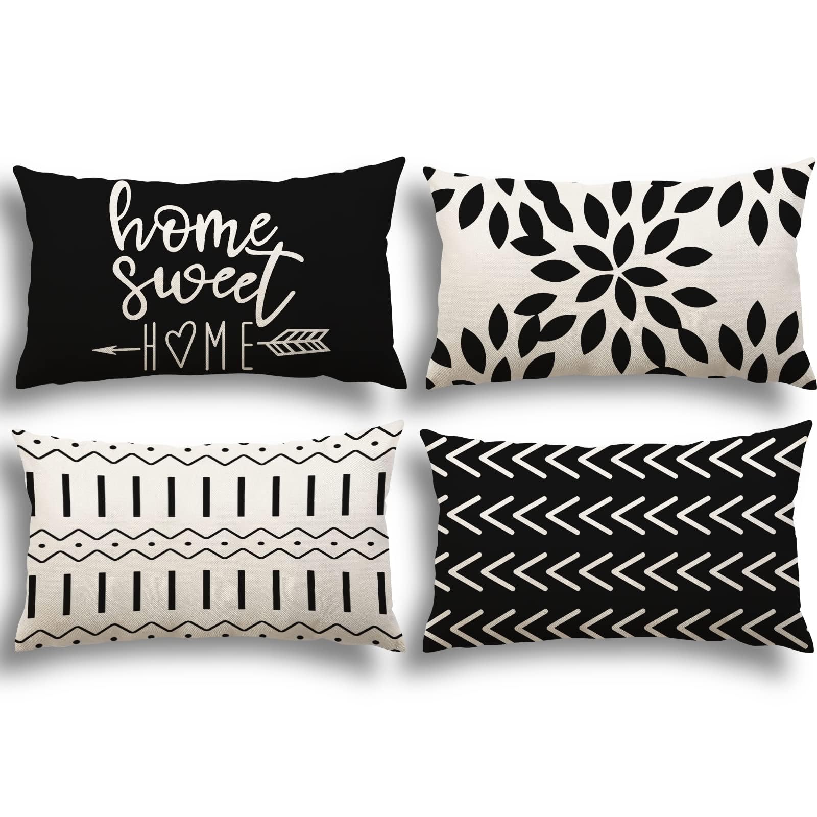YCOLL Lumbar Pillow Covers 12x20 Set of 4, Modern Sofa Throw Pillow Cover, Decorative Outdoor Linen Fabric Pillow Case for Couch Bed Car, Black