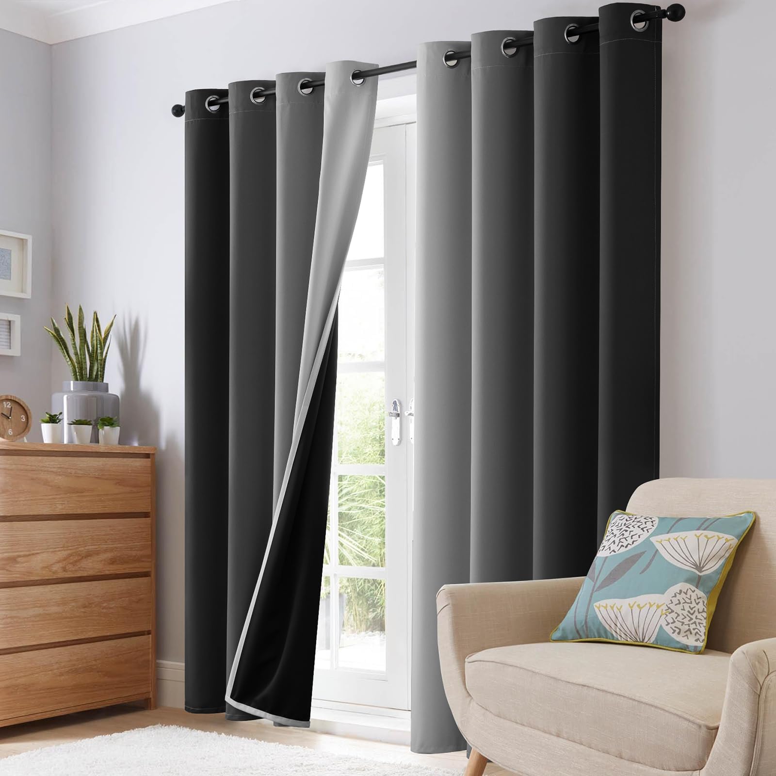 SimpleHome 100% Blackout Ombre Bedroom Curtains Black and Greyish White,45L